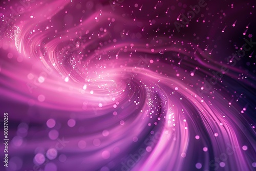 Dynamic swirl of pink light with glittering particles scattered throughout on dark background