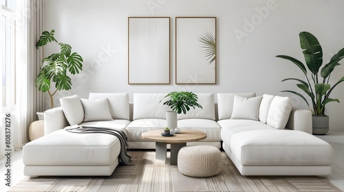 Scandinavian interior design of modern living room with green plants white sofa coffee table wall art