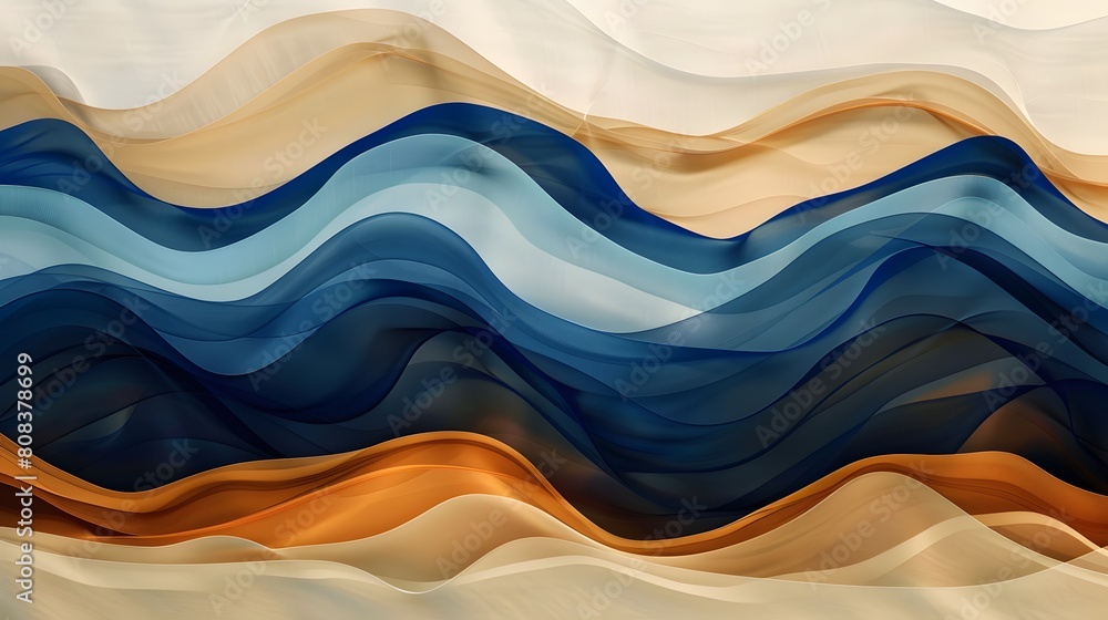 Layered abstract waves in shades of deep blue and sandy orange flowing ...