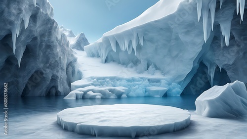  Ice background podium cold winter snow product platform floor frozen mountain iceberg.Podium glacier cool ice background stage landscape display icy stand 3d water nature pedestal arctic concept cave © Five Million Stocks