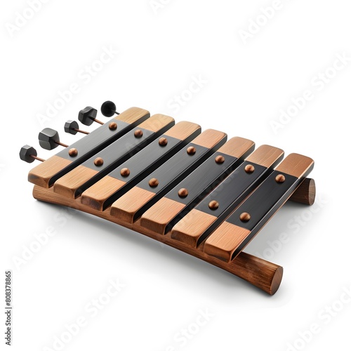 Classic xylophone with wooden bars and metal resonators on curved wooden base photo