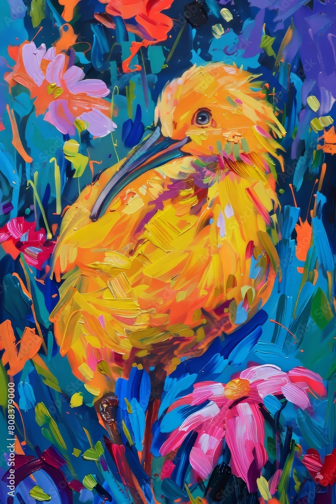 Dynamic oil painting of a curious kiwi bird among flowers, bold brushstrokes and bright colors making the scene lively and inviting