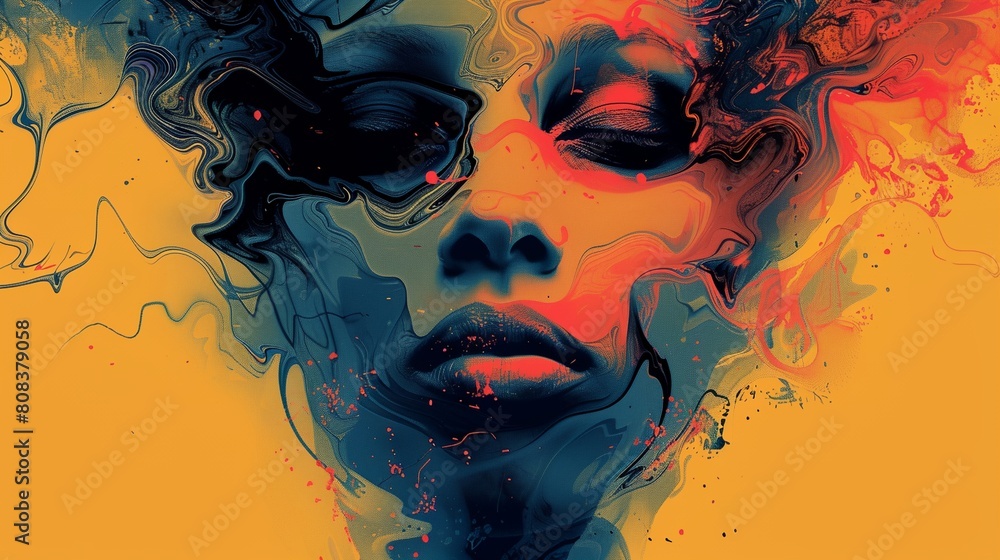 Φωτογραφία a woman's face with a lot of smoke coming out of her eyes and a yellow backgroun