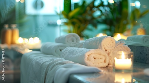 a row of folded towels sitting on top of a counter next to a candle and potted plant in a room.. © progressman