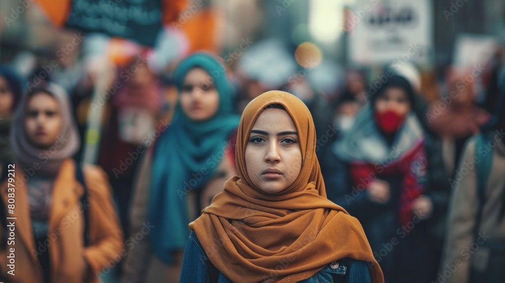 woman with hijab at a protest looking at the camera during the day woman with hijab at a protest looking at the camera during the day