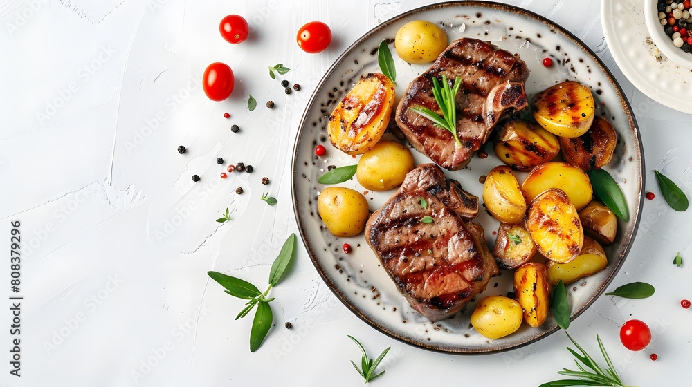 Plates with grilled beef steaks and potatoes top view,on white Plates with grilled beef steaks and potatoes top view,on white