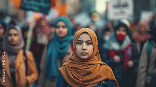 woman with hijab at a protest looking at the camera during the day