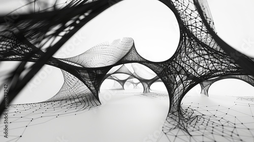 Collection of strange wireframe geometrical shapes and black figures, inspired by brutalist modern art, rendered in monochrome photo