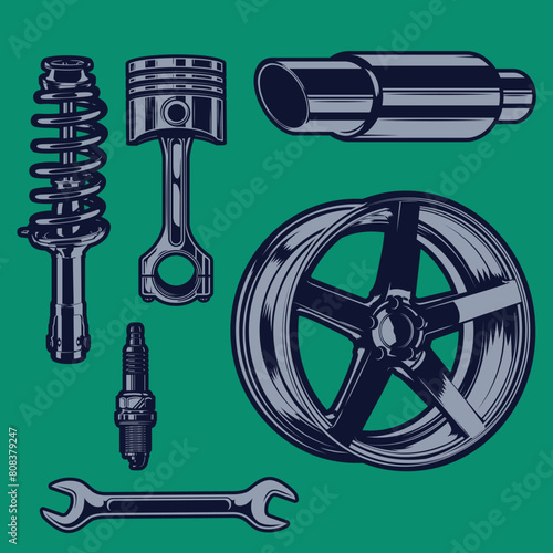 Set of car parts on a green background