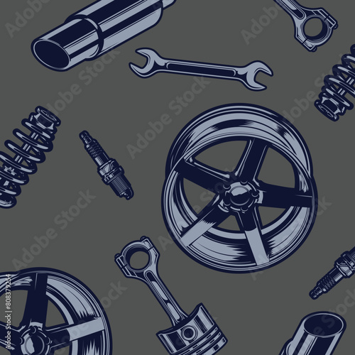 A pattern of car parts on a gray background