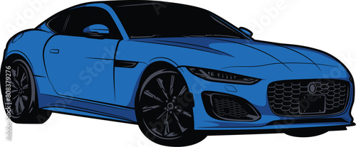 Illustration of a blue colored sports car standing in three quarters. Isolated on a white background