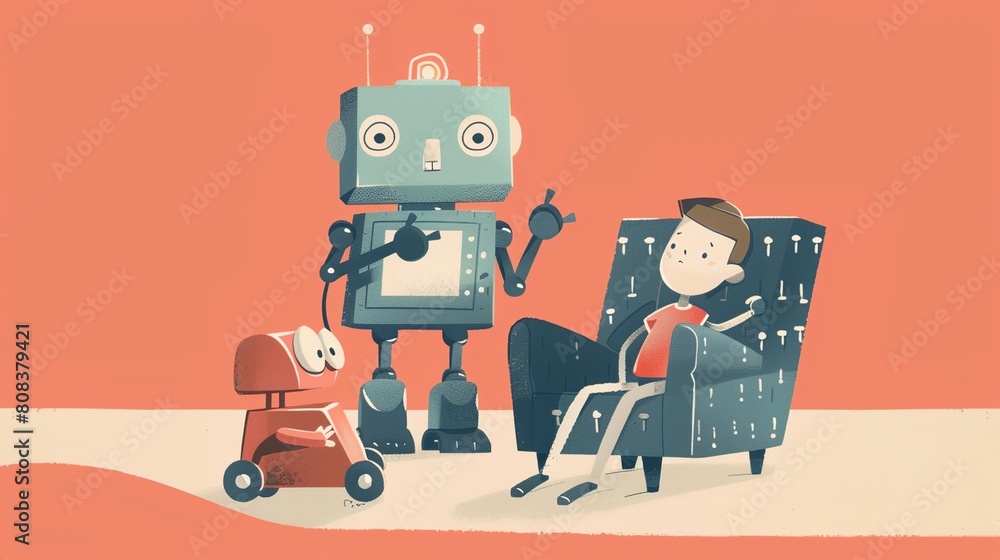 a robot next to a little boy a robot next to a little boy