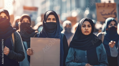 group of women with hijab at a protest holding a blank day sign in high resolution and high quality photo