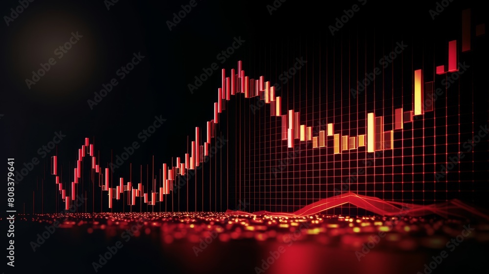 Dramatic financial data visualization with red candlestick chart