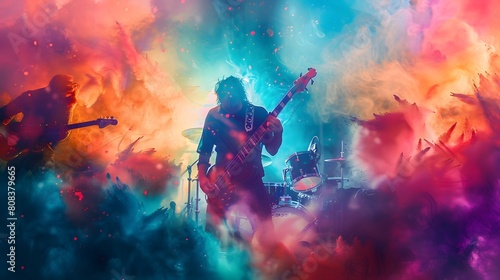 Rock band concert in cloud colorful dust. Music event, Rock band performs on stage colorful dust background. Guitarist, bass guitar and drums on stage. 