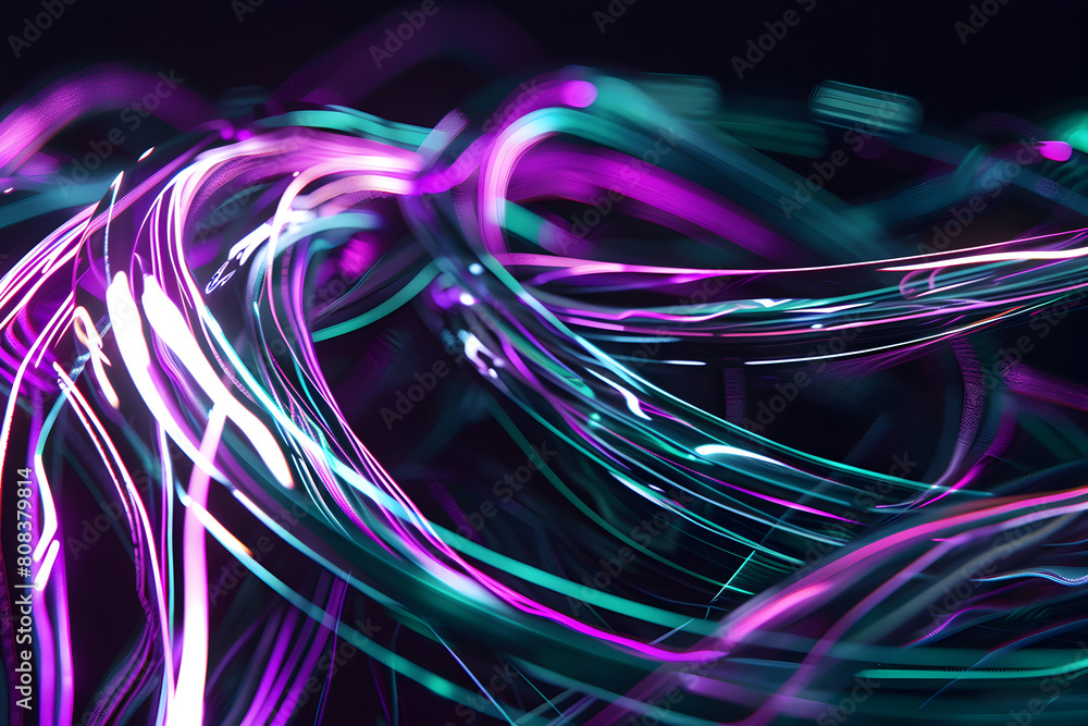 Electrifying neon lines in shades of teal and violet intertwining in a futuristic abstract composition. Abstract art on black background.