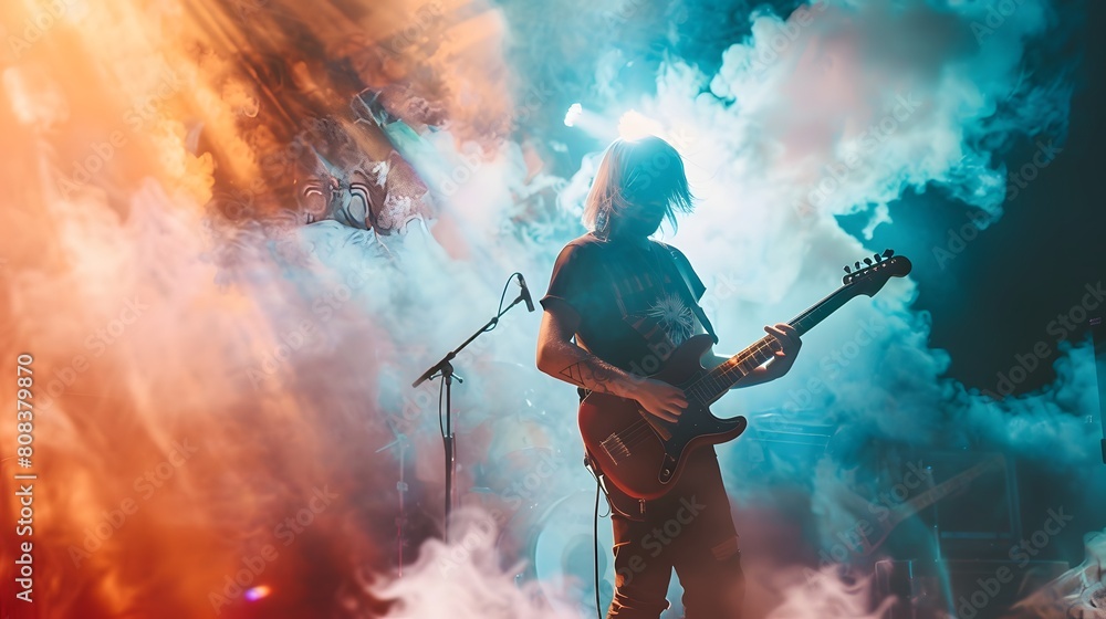 Rock band concert in cloud colorful dust. Music event, Rock band performs on stage colorful dust background. Guitarist, bass guitar and drums on stage.

