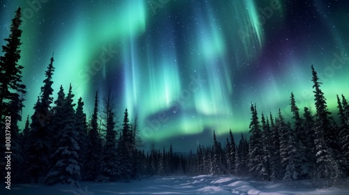 Stunning northern lights display over snowy forest landscape © Balaraw