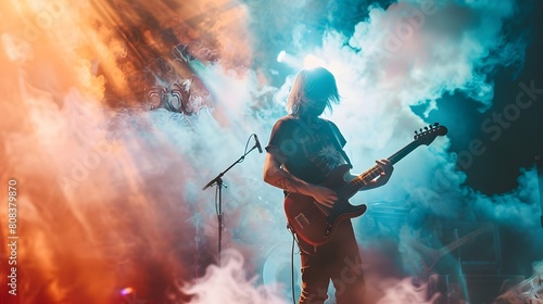 Rock band concert in cloud colorful dust. Music event, Rock band performs on stage colorful dust background. Guitarist, bass guitar and drums on stage.  © Ziyan