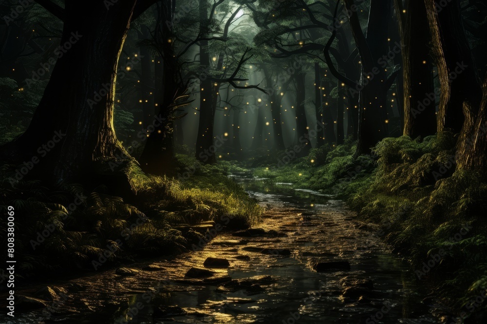 Enchanted forest with glowing fireflies