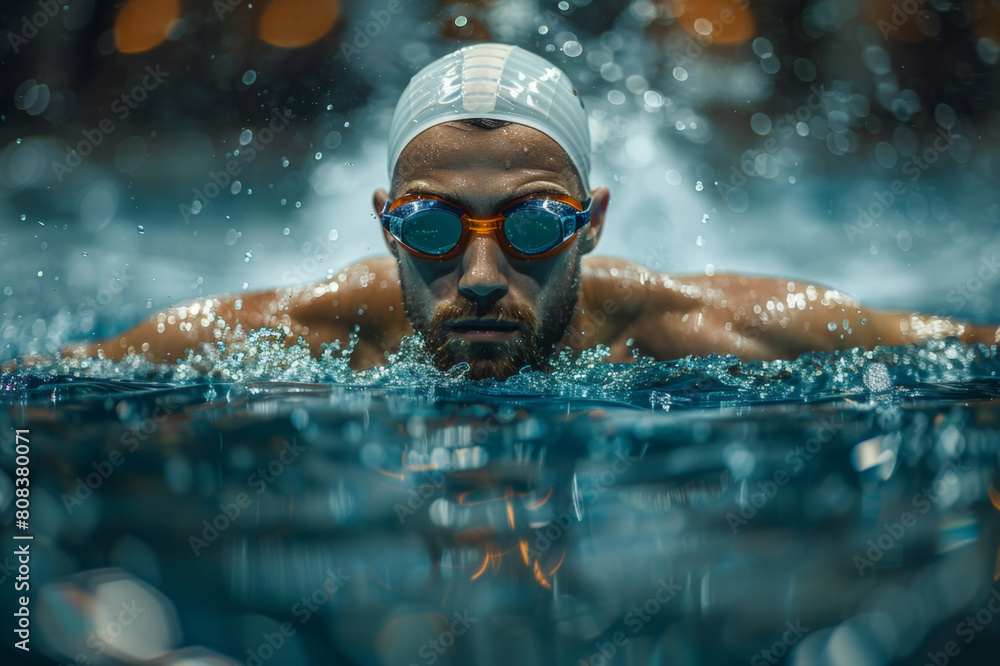 A professional swimmer in butterfly stroke, sharply captured against a background of blurred pool edges.. AI generated.