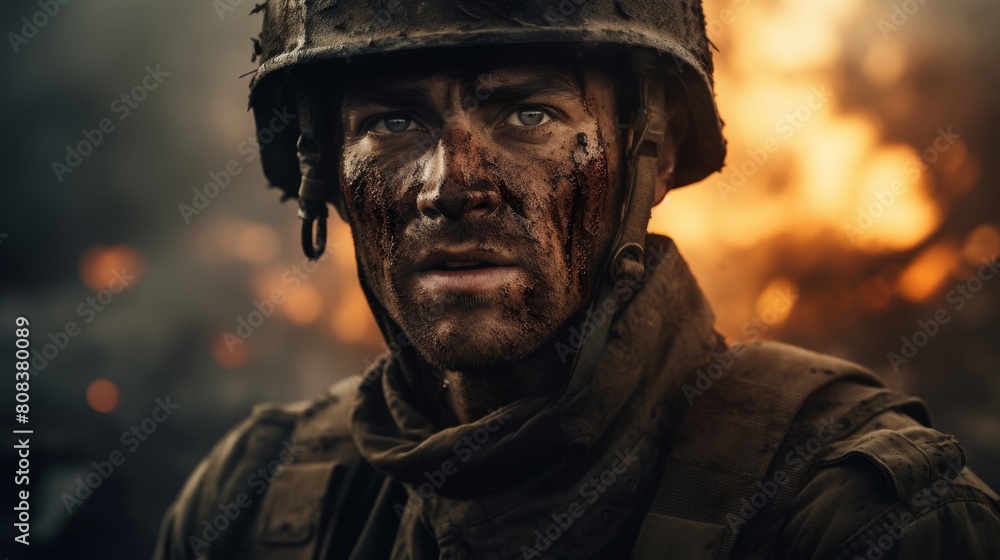 Gritty portrait of a battle-hardened soldier Gritty portrait of a battle-hardened soldier