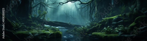 Enchanted forest landscape with stream and lush vegetation