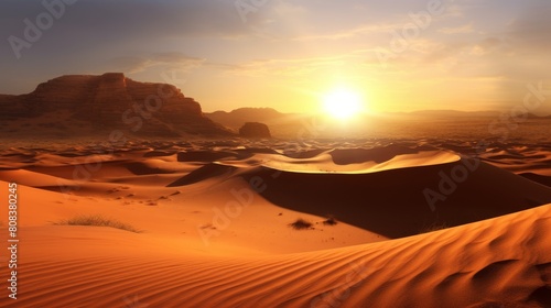 Stunning desert sunset landscape with mountains and sand dunes