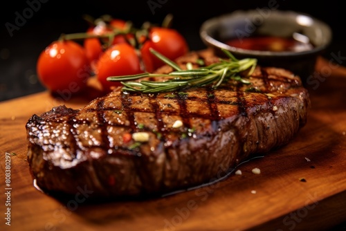 Juicy grilled steak with fresh tomatoes and herbs