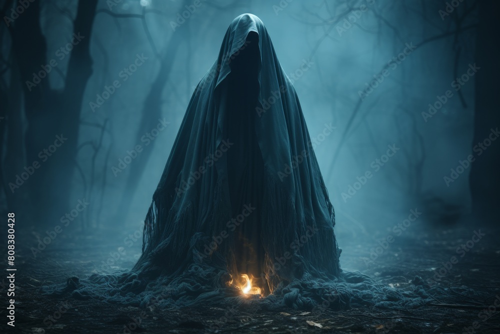 Mysterious hooded figure in a dark forest Mysterious hooded figure in a dark forest