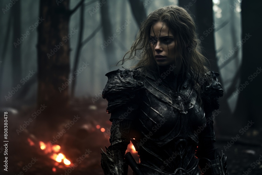 Mysterious warrior woman in dark forest Mysterious warrior woman in dark forest