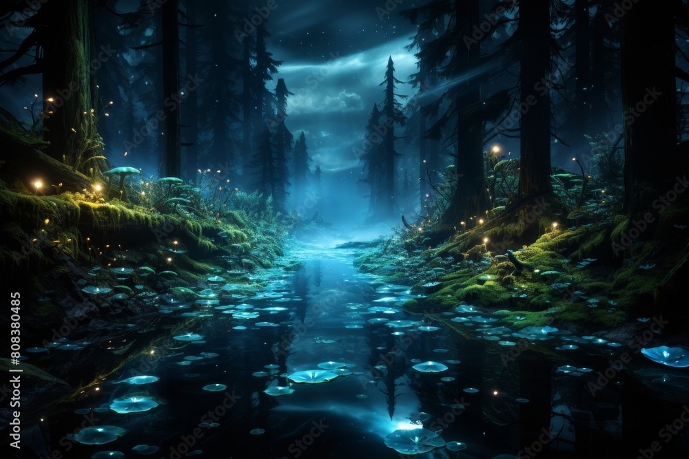 Enchanting Nighttime Forest Landscape with Glowing Mushrooms and Fireflies