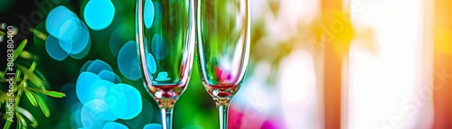 Two champagne glasses with a blurred background of green and blue lights. photo