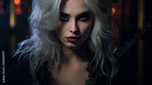 Dramatic portrait of a woman with striking makeup and platinum blonde hair © Balaraw