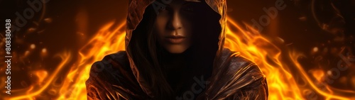 mysterious hooded figure in fiery background