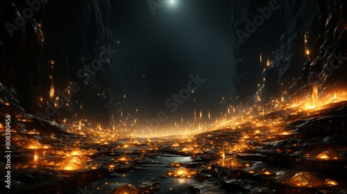 Glowing alien landscape with fiery rocks and streams