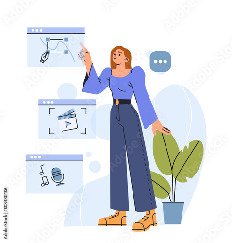 Woman interacting with floating digital interface icons, cartoon simple style vector illustration, isolated on white background, concept of distance education, online classes and technology use