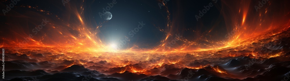 Fiery alien landscape with craters and glowing clouds