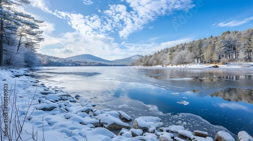 Scenic view of lake against sky during winter