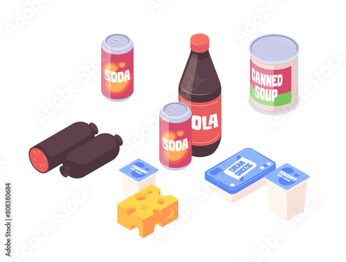 An assortment of isometric grocery items on a light background, set of 3d vector illustrations isolated on white background
