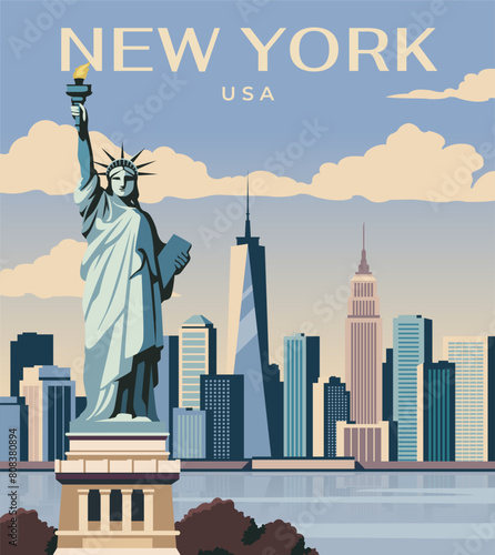 A stylized illustration of New York City with the Statue of Liberty and skyline, vector graphic on a blue sky and cloud background, concept of travel. Vector illustration