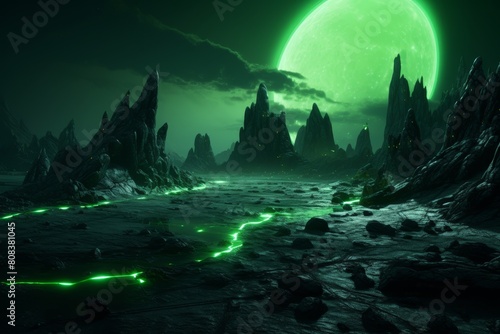 Surreal alien landscape with glowing green moon