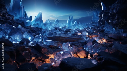Frozen fantasy landscape with glowing crystals