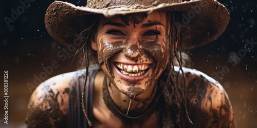 Joyful woman covered in mud smiling photo