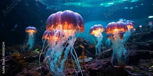 Glowing jellyfish swimming in the deep blue sea