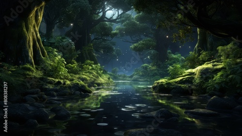 Enchanted forest landscape with glowing fireflies