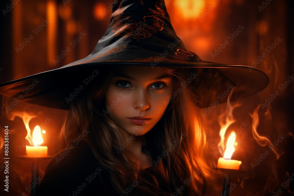 Mysterious witch in dark forest with candles Mysterious witch in dark forest with candles