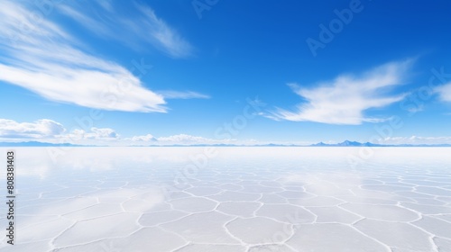 Serene salt flat landscape under blue sky