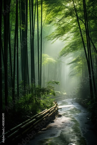 Serene bamboo forest path with flowing stream