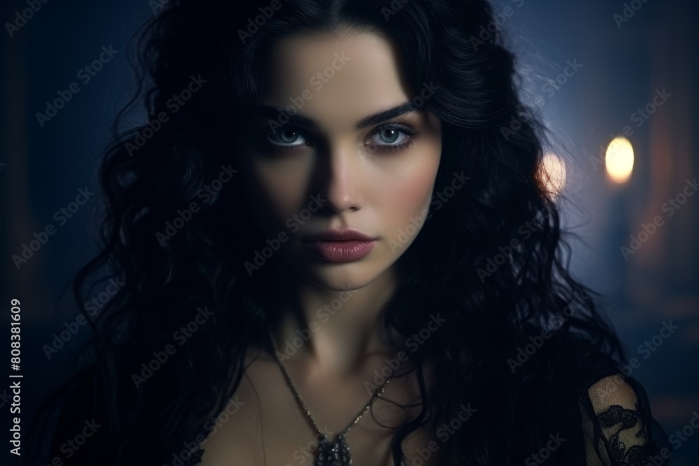 Mysterious woman with dark hair and piercing eyes